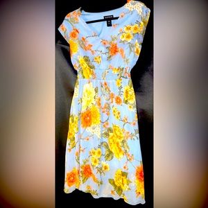 Blue Floral V-Neck Dress with Snatched Waistband